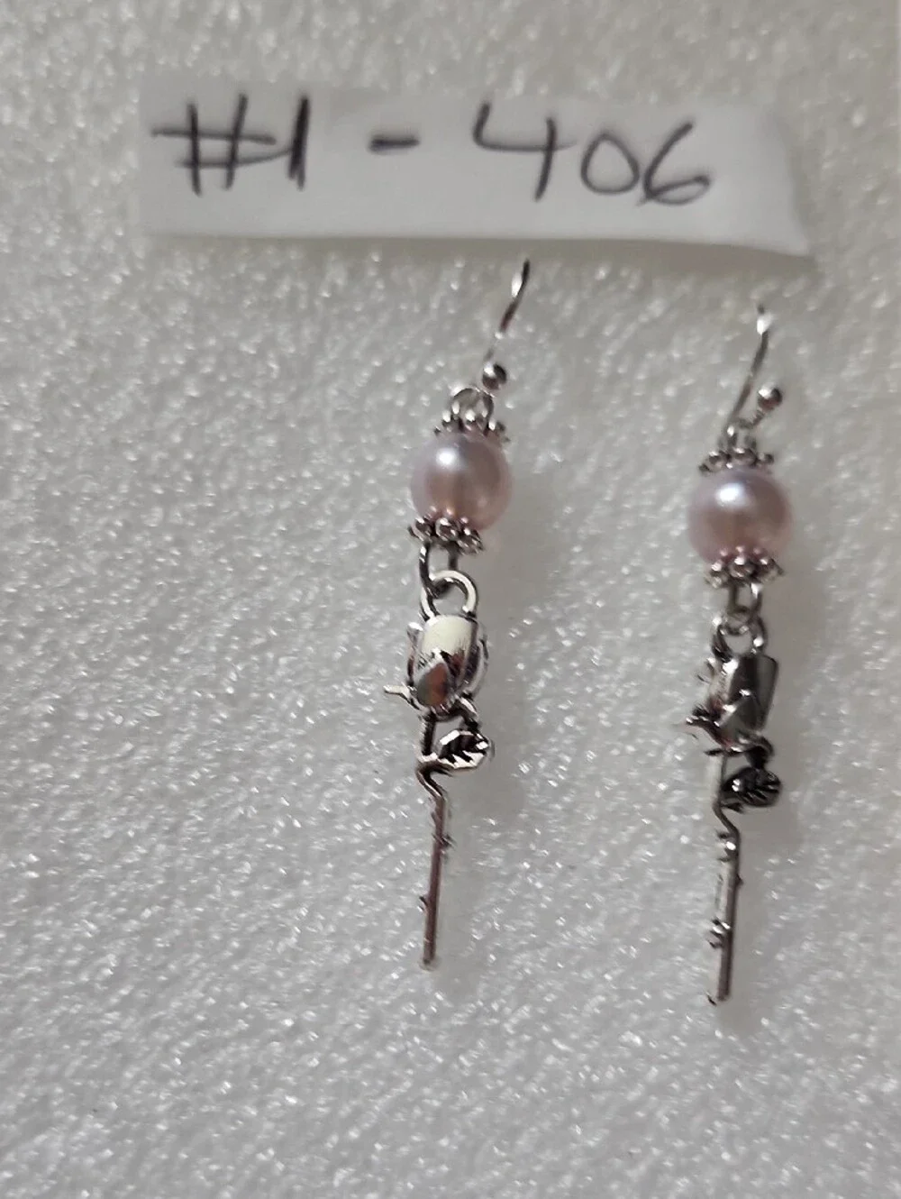 Hand Crafted Silver Rose Drop Earrings with Pale Pink Pearls
